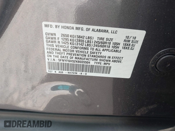2019 Honda Pilot EX-L with VIN 5FNYF6H52KB035504, listed as a IAAI auction lot 42642735 with 54,736 mi miles and . Bid and sale history available at DreamBid. Image 9.