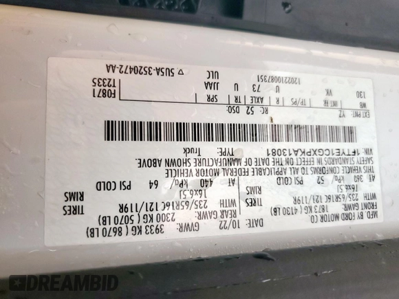 2023 Ford Transit with VIN 1FTYE1CGXPKA13081, listed as a Copart auction lot 55583935 with 126,698 mi miles and Salvage title. Bid and sale history available at DreamBid. Image 13.