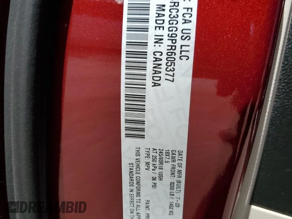 2023 Chrysler Pacifica Limited with VIN 2C4RC3GG9PR605377, listed as a Copart auction lot 51781805 with 7,606 mi miles and Salvage title. Bid and sale history available at DreamBid. Image 15.