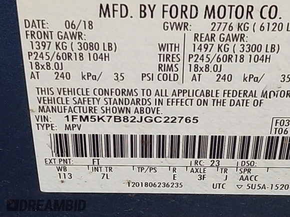 2018 Ford Explorer with VIN 1FM5K7B82JGC22765, listed as a IAAI auction lot 41761420 with 105,508 mi miles and . Bid and sale history available at DreamBid. Image 9.