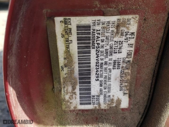 1997 Ford Taurus GL with VIN 1FALP52U4VG234295, listed as a Copart auction lot 51112714 with 118,005 mi miles and Salvage Title. Bid and sale history available at carsss.com. Image 12.