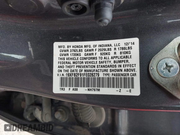 2015 Honda Civic Sedan EX-L with VIN 19XFB2F91FE028279, listed as a IAAI auction lot 41844830 with 140,521 mi miles. Bid and sale history available at carsss.com. Image 9.