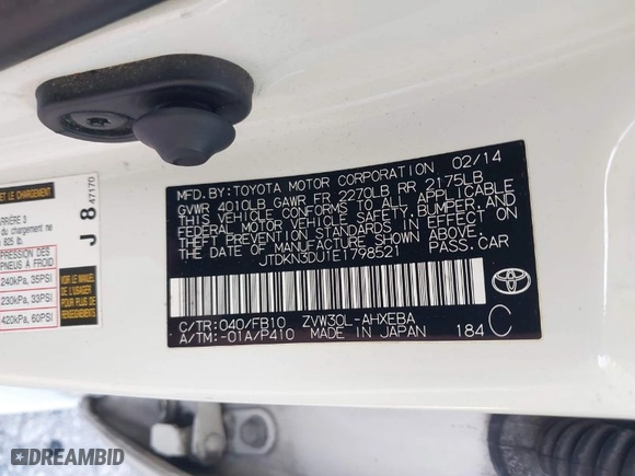 2014 Toyota Prius Four with VIN JTDKN3DU1E1798521, listed as a IAAI auction lot 41976865 with 191,634 mi miles. Bid and sale history available at carsss.com. Image 9.
