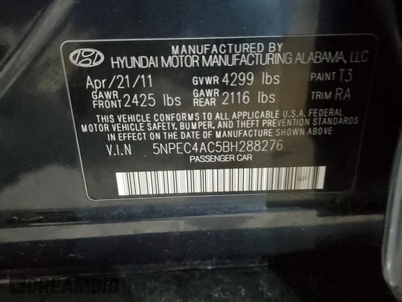 2011 Hyundai Sonata Limited with VIN 5NPEC4AC5BH288276, listed as a Copart auction lot 49893855 with 186,646 mi miles and Salvage Title. Bid and sale history available at DreamBid. Image 13.