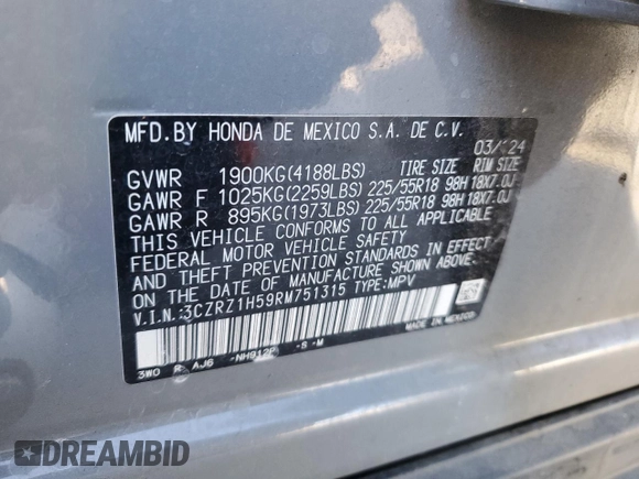 2024 Honda HR-V Sport with VIN 3CZRZ1H59RM751315, listed as a Copart auction lot 52126315 with 14,897 mi miles and Salvage title. Bid and sale history available at DreamBid. Image 15.