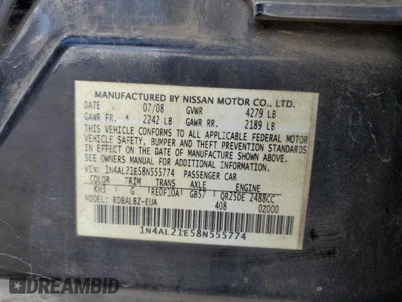 2008 Nissan Altima 2.5 with VIN 1N4AL21E58N555774, listed as a Copart auction lot 48952765 with 306,982 mi miles and Salvage Title. Bid and sale history available at carsss.com. Image 13.