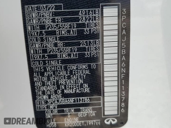 2022 Infiniti QX50 Luxe z VIN 3PCAJ5BA6NF113786, wystawiony jako Copart lot #56567625 z przebiegiem 22 538 mil mil oraz Szkoda całkowita • Salvage title. Historia ofert i sprzedaży dostępna na DreamBid. Obrazek 13.
