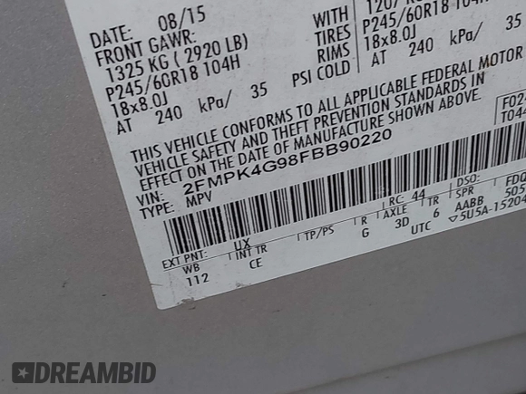 2015 Ford Edge SE с VIN 2FMPK4G98FBB90220, выставлен на аукционе IAAI как лот 42622601 с пробегом 134 758 миль миль и . История ставок и продаж доступна на DreamBid. Изображение 9.