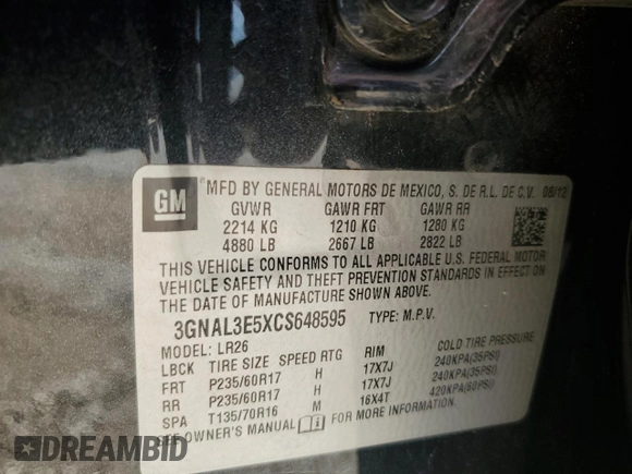 2012 Chevrolet Captiva Sport LT z VIN 3GNAL3E5XCS648595, wystawiony jako Copart lot #59150325 z przebiegiem 111 283 mil mil oraz Szkoda całkowita • Salvage title. Historia ofert i sprzedaży dostępna na DreamBid. Obrazek 13.