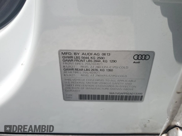 2014 Audi SQ5 Prestige с VIN WA1VGAFP5EA013396, выставлен на аукционе Copart как лот 54995095 с пробегом 214 750 миль миль и Списание • Salvage title. История ставок и продаж доступна на DreamBid. Изображение 13.