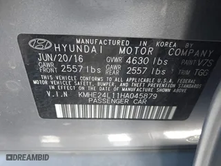 2017 Hyundai Sonata Hybrid SE with VIN KMHE24L11HA045879, listed as a IAAI auction lot 41841807 with 220,755 mi miles. Bid and sale history available at carsss.com. Image 9.