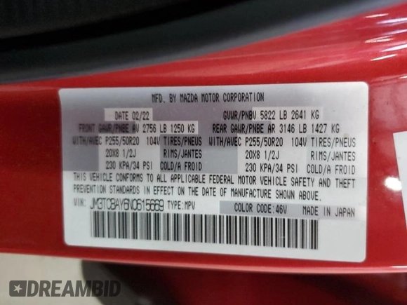 2022 Mazda CX-9 Touring Plus with VIN JM3TCBAY6N0615669, listed as a Copart auction lot 51291725 with 55,129 mi miles and Salvage Title. Bid and sale history available at carsss.com. Image 13.