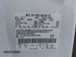 2011 Ford F-150 XL with VIN 1FTMF1CM1BKD21458, listed as a IAAI auction lot 42194507 with 126,992 mi miles and . Bid and sale history available at carsss.com. Image 9.