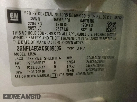 2012 Chevrolet Captiva Sport LTZ with VIN 3GNFL4E5XCS609095, listed as a Copart auction lot 77334734 with 163,078 mi miles and Salvage Title. Bid and sale history available at DreamBid. Image 13.