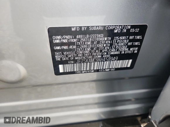 2022 Subaru Forester Wilderness z VIN JF2SKAMC9NH458949, wystawiony jako Copart lot #60811685 z przebiegiem 27 969 mil mil oraz Szkoda całkowita • Salvage title. Historia ofert i sprzedaży dostępna na DreamBid. Obrazek 13.