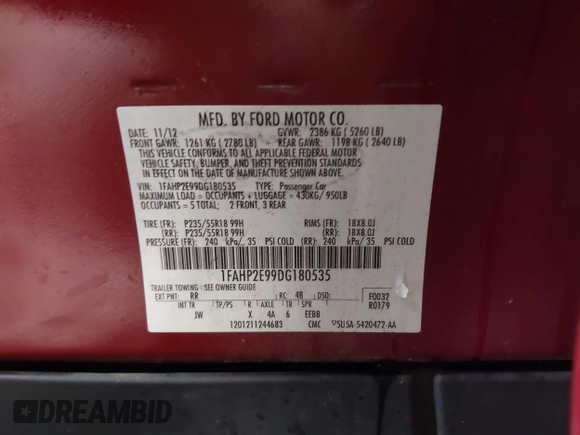 2013 Ford Taurus SEL with VIN 1FAHP2E99DG180535, listed as a IAAI auction lot 41741619 with 193,665 mi miles and . Bid and sale history available at carsss.com. Image 9.