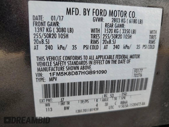 2017 Ford Explorer XLT с VIN 1FM5K8D87HGB91090, выставлен на аукционе Copart как лот 54681015 с пробегом 125 594 миль миль и Списание • Salvage title. История ставок и продаж доступна на DreamBid. Изображение 14.