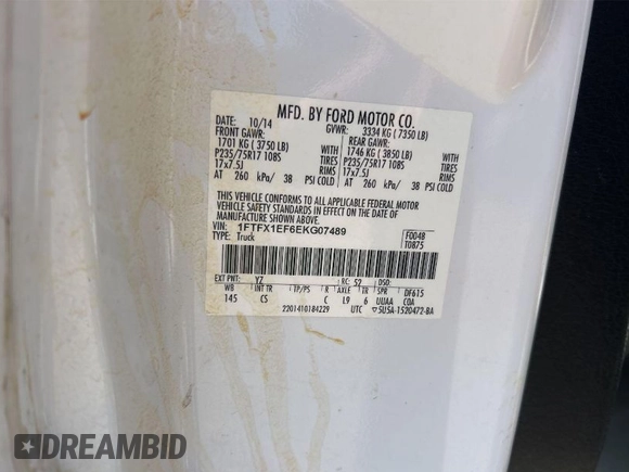 2014 Ford F-150 XL with VIN 1FTFX1EF6EKG07489, listed as a IAAI auction lot 42047993 with 168,890 mi miles and . Bid and sale history available at DreamBid. Image 1.