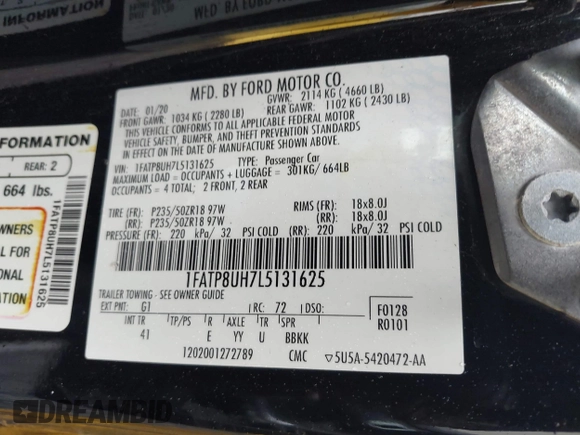2020 Ford Mustang EcoBoost z VIN 1FATP8UH7L5131625, wystawiony jako IAAI lot #42295906 z przebiegiem 74 572 mil mil oraz . Historia ofert i sprzedaży dostępna na DreamBid. Obrazek 9.
