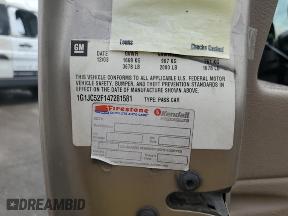 2004 Chevrolet Cavalier with VIN 1G1JC52F147281581, listed as a Copart auction lot 60274114 with 181,873 mi miles and Salvage Title. Bid and sale history available at DreamBid. Image 15.