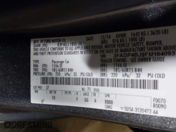 2015 Ford Fiesta SE with VIN 3FADP4BJ9FM164093, listed as a IAAI auction lot 41308905 with 75,839 mi miles. Bid and sale history available at carsss.com. Image 9.