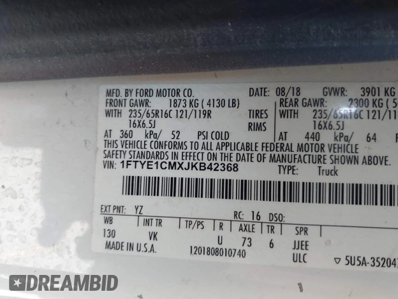 2018 Ford Transit с VIN 1FTYE1CMXJKB42368, выставлен на аукционе IAAI как лот 42449158 с пробегом 115 735 миль миль и . История ставок и продаж доступна на DreamBid. Изображение 8.