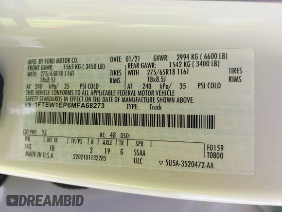 2021 Ford F-150 XL with VIN 1FTEW1EP6MFA68273, listed as a IAAI auction lot 42726285 with 33,989 mi miles and . Bid and sale history available at DreamBid. Image 9.