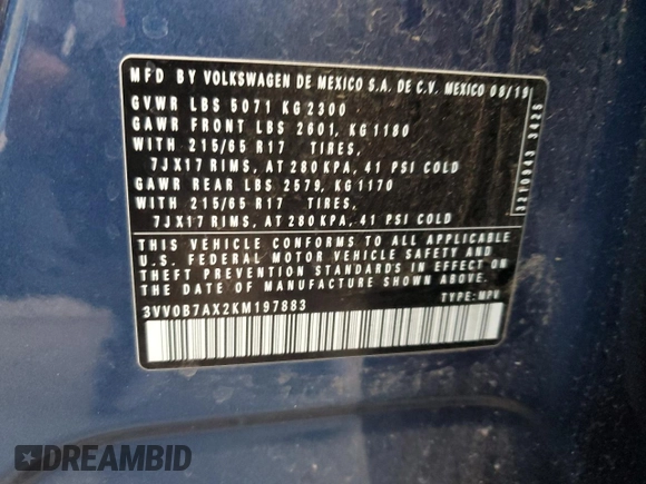 2019 Volkswagen Tiguan S with VIN 3VV0B7AX2KM197883, listed as a Copart auction lot 64978515 with 54,961 mi miles and Salvage title. Bid and sale history available at DreamBid. Image 14.