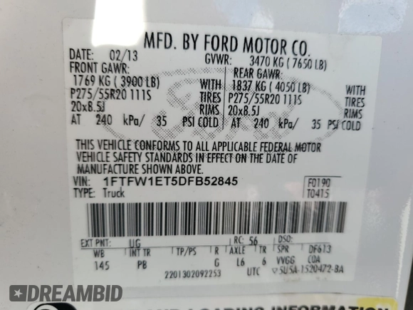 2013 Ford F-150 XL with VIN 1FTFW1ET5DFB52845, listed as a Copart auction lot 57955665 with 190,251 mi miles and Salvage title. Bid and sale history available at DreamBid. Image 12.