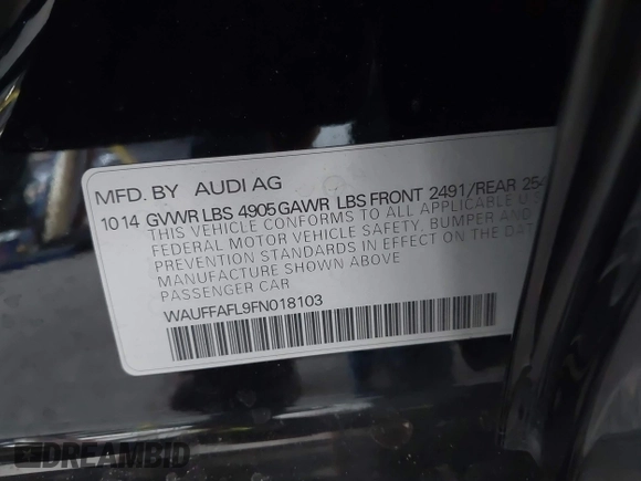 2015 Audi A4 Premium Plus with VIN WAUFFAFL9FN018103, listed as a IAAI auction lot 42168517 with 111,268 mi miles. Bid and sale history available at carsss.com. Image 9.