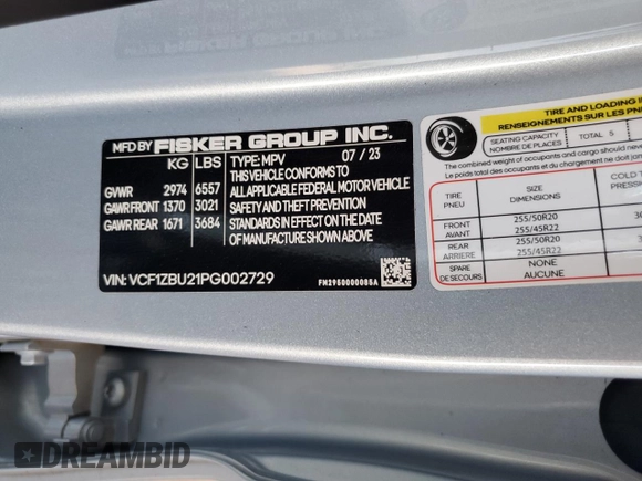 2023 Fisker Ocean One с VIN VCF1ZBU21PG002729, выставлен на аукционе Copart как лот 58810945 с пробегом 14 788 миль миль и Списание • Salvage title. История ставок и продаж доступна на DreamBid. Изображение 14.