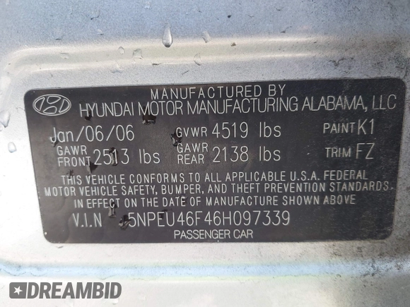 2006 Hyundai Sonata GLS with VIN 5NPEU46F46H097339, listed as a IAAI auction lot 42150865 with 221,711 mi miles and . Bid and sale history available at DreamBid. Image 9.