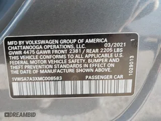 2021 Volkswagen Passat 2.0T SE with VIN 1VWSA7A3XMC008583, listed as a IAAI auction lot 41786307 with 56,446 mi miles. Bid and sale history available at carsss.com. Image 9.