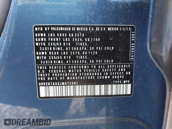 2018 Volkswagen Tiguan SEL с VIN 3VV2B7AX0JM073361, выставлен на аукционе IAAI как лот 42521374 с пробегом 67 916 миль миль и . История ставок и продаж доступна на DreamBid. Изображение 9.