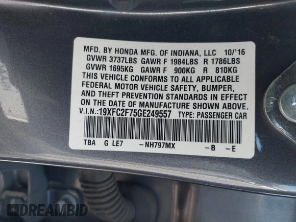 2016 Honda Civic Sedan EX with VIN 19XFC2F75GE249557, listed as a IAAI auction lot 41949839 with 79,308 mi miles. Bid and sale history available at carsss.com. Image 9.
