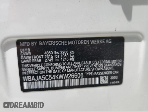 2019 BMW 5 Series 530i z VIN WBAJA5C54KWW26606, wystawiony jako Copart lot #53688285 z przebiegiem 43 454 mil mil oraz Nie do naprawy • Non repairable. Historia ofert i sprzedaży dostępna na DreamBid. Obrazek 13.