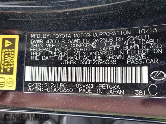2014 Lexus ES 350 with VIN JTHBK1GG0E2096038, listed as a IAAI auction lot 41924674 with 151,312 mi miles. Bid and sale history available at carsss.com. Image 9.