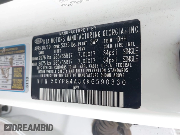 2019 Kia Sorento L with VIN 5XYPG4A3XKG590330, listed as a IAAI auction lot 42060716 with Not Provided miles. Bid and sale history available at carsss.com. Image 9.