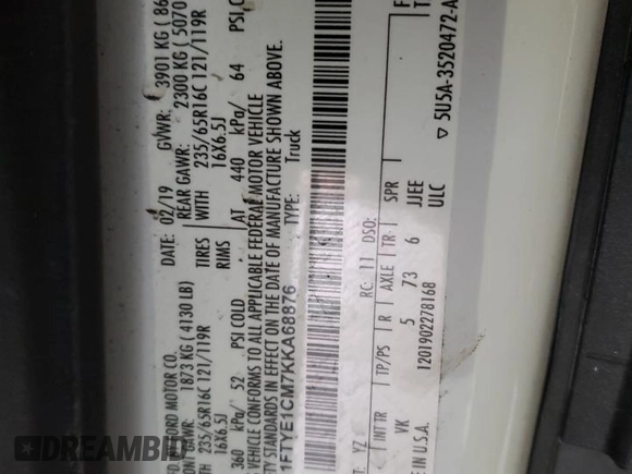 2019 Ford Transit with VIN 1FTYE1CM7KKA68876, listed as a Copart auction lot 55595075 with 90,838 mi miles and Salvage title. Bid and sale history available at DreamBid. Image 13.