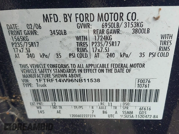 2006 Ford F-150 XL with VIN 1FTRF14W96NB11538, listed as a IAAI auction lot 42013086 with 94,972 mi miles. Bid and sale history available at carsss.com. Image 9.