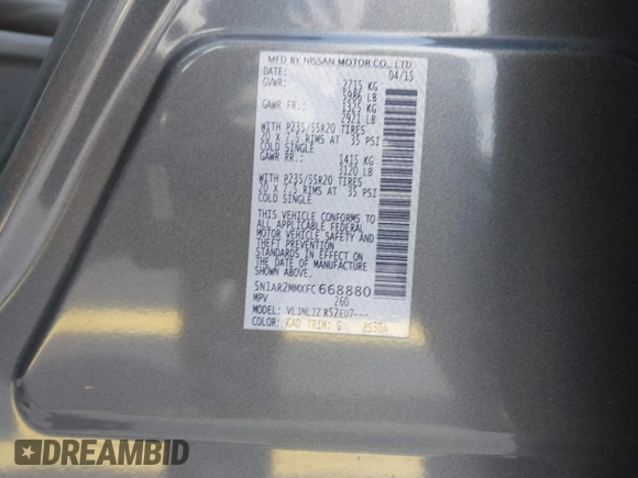 2015 Nissan Pathfinder Platinum with VIN 5N1AR2MMXFC668880, listed as a IAAI auction lot 42371231 with 101,173 mi miles and . Bid and sale history available at DreamBid. Image 9.