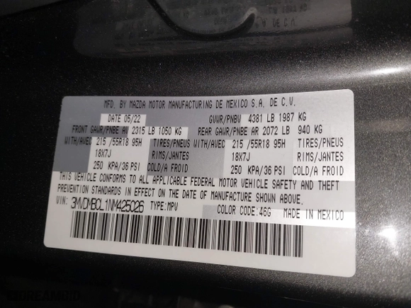 2022 Mazda CX-30 2.5 S Carbon Edition with VIN 3MVDMBCL1NM425026, listed as a IAAI auction lot 41223835 with 1 mi miles. Bid and sale history available at carsss.com. Image 9.