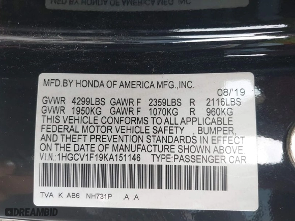 2019 Honda Accord Sedan LX 1.5T with VIN 1HGCV1F19KA151146, listed as a IAAI auction lot 41510518 with 62,050 mi miles. Bid and sale history available at carsss.com. Image 9.