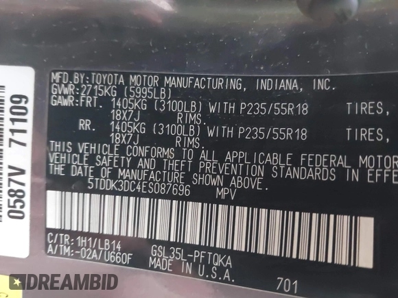 2014 Toyota Sienna Ltd with VIN 5TDDK3DC4ES087696, listed as a IAAI auction lot 41810314 with 191,852 mi miles. Bid and sale history available at carsss.com. Image 9.