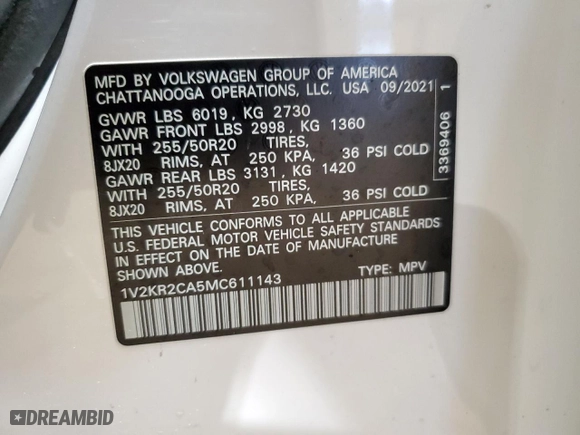 2021 Volkswagen Atlas 3.6L V6 SE w/Technology with VIN 1V2KR2CA5MC611143, listed as a Copart auction lot 46681335 with 50,324 mi miles and Salvage Title. Bid and sale history available at carsss.com. Image 13.