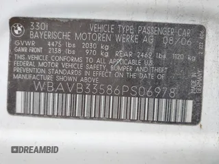 2006 BMW 3 Series 330i z VIN WBAVB33586PS06978, wystawiony jako IAAI lot #42263598 z przebiegiem Nie podano mil oraz . Historia ofert i sprzedaży dostępna na DreamBid. Obrazek 9.