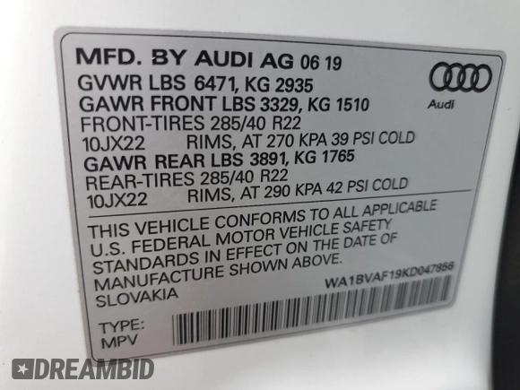 2019 Audi Q8 Premium Plus with VIN WA1BVAF19KD047856, listed as a Copart auction lot 71574172 with 55,113 mi miles. Bid and sale history available at carsss.com. Image 14.