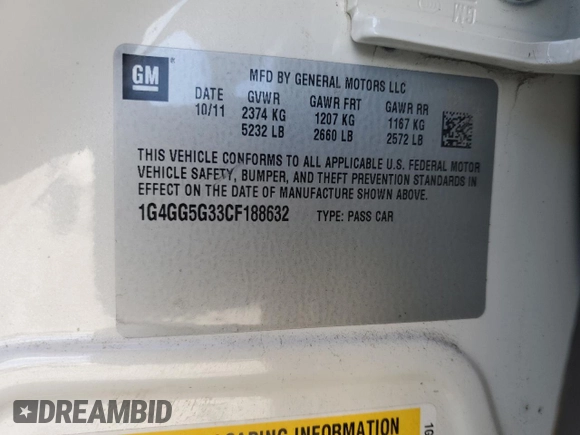 2012 Buick LaCrosse Premium 2 with VIN 1G4GG5G33CF188632, listed as a Copart auction lot 87273054 with 76,999 mi miles and Salvage title. Bid and sale history available at DreamBid. Image 12.
