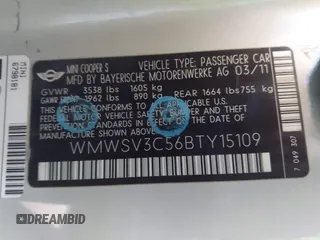 2011 MINI Hardtop S с VIN WMWSV3C56BTY15109, выставлен на аукционе IAAI как лот 42506082 с пробегом 93 443 миль миль и . История ставок и продаж доступна на DreamBid. Изображение 9.