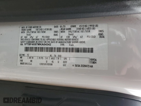 2021 Ford Transit z VIN 1FTBF4X87MKA04342, wystawiony jako Copart lot #53891525 z przebiegiem 114 503 mil mil oraz Szkoda całkowita • Salvage title. Historia ofert i sprzedaży dostępna na DreamBid. Obrazek 14.